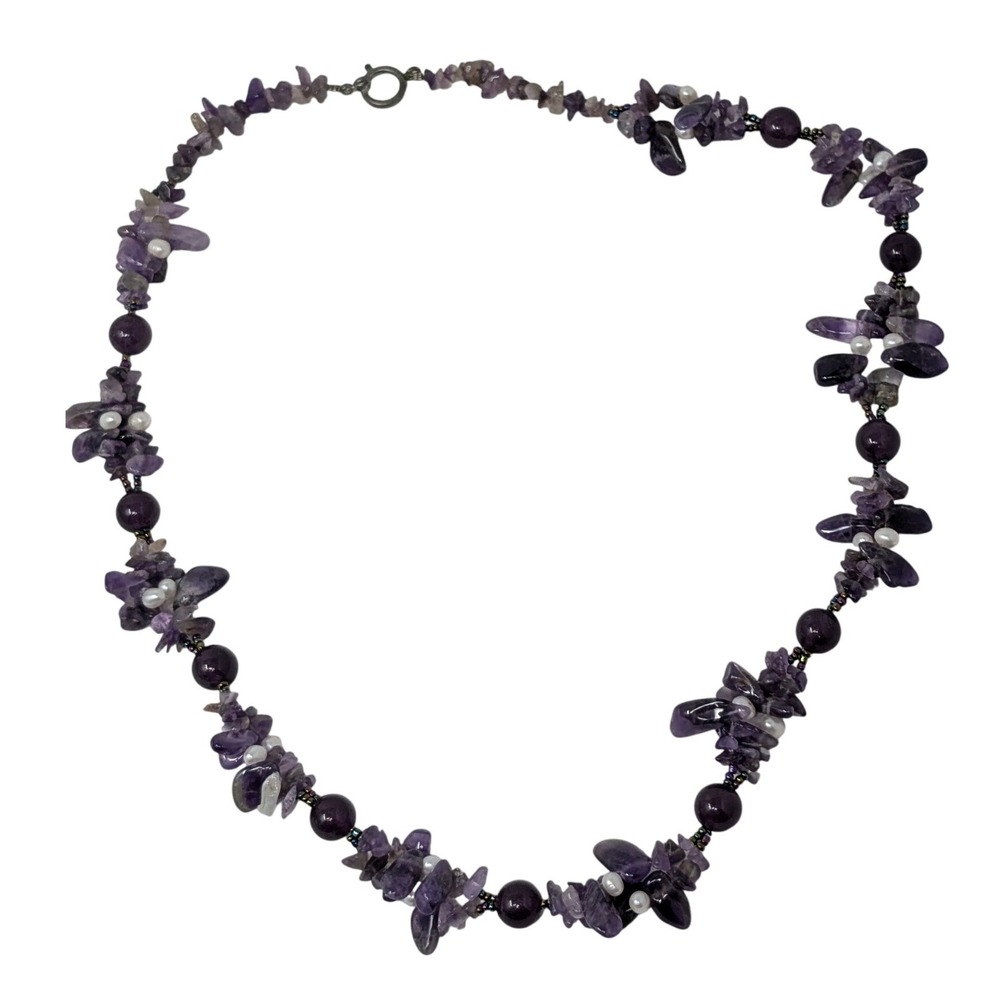 Natural Amethyst Crystal Gemstone Necklace Pearls Statement Chunky Beads Chic